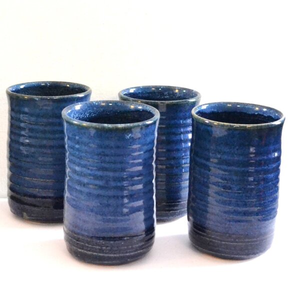 Set Of Four Handmade Pottery Tumblers Blue In Color Maker's Name On Bottom - Picture 1 of 4